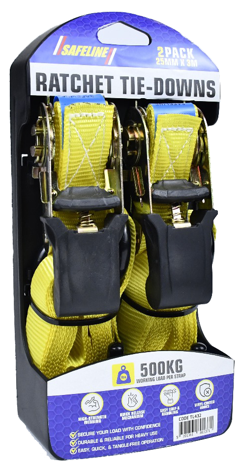 SAFELINE 25mm X 3M x 500kg RATCHET STRAP 2 PACK