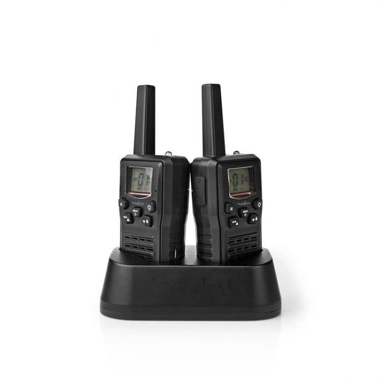 Nedis Walkie-Talkie Set | 2 Handsets | Up to 10 km | Frequency channels: 8 | PTT / VOX | up to 6 Hours | Charging base included | Headphone output | Black