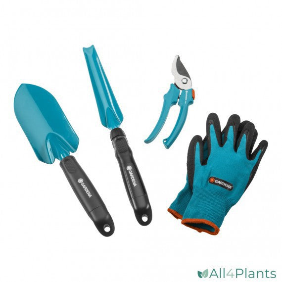 Gardena Starter kit Handtools Set (Weeding Trowel, Hand Trowel, Secateurs and Planting and Soil Gloves)