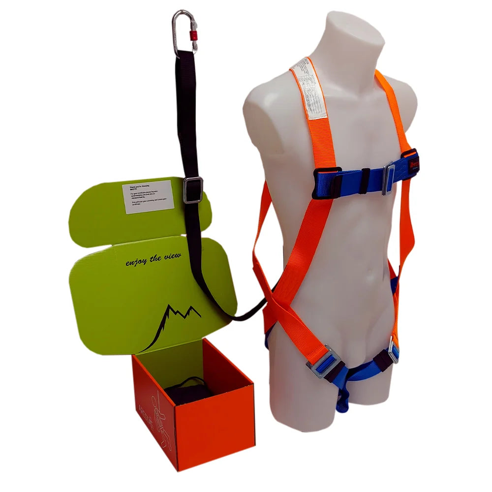 ARESTA MEWP Kit 1B – Single Point Harness – standard buckle, 1.5m Adjustable Webbing Lanyard attached the harness, Carabiner