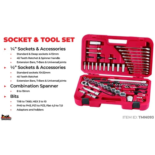 TENGTOOLS Tool Set (1/2″ & 1/4″ Drive, 93 Piece) TMN093