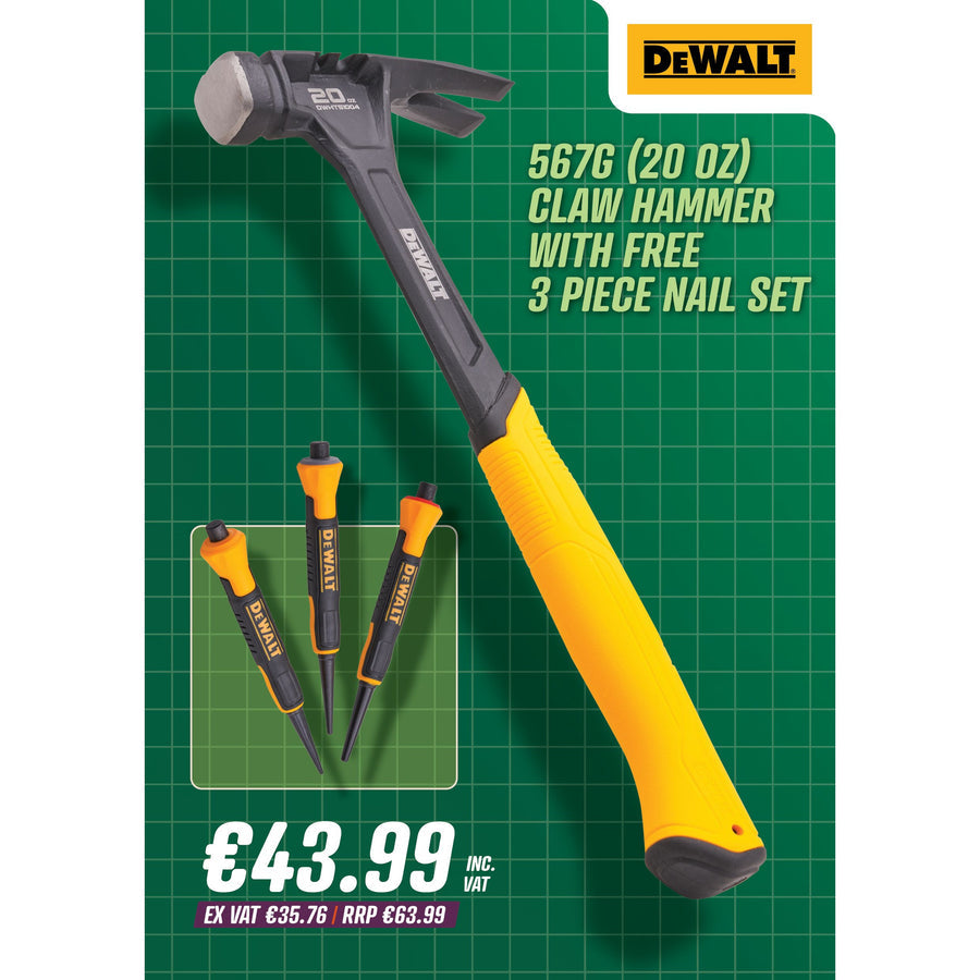 DeWalt 567G (20oz) Claw Hammer With Free 3 Piece Nail Set XMS250DEWHAM