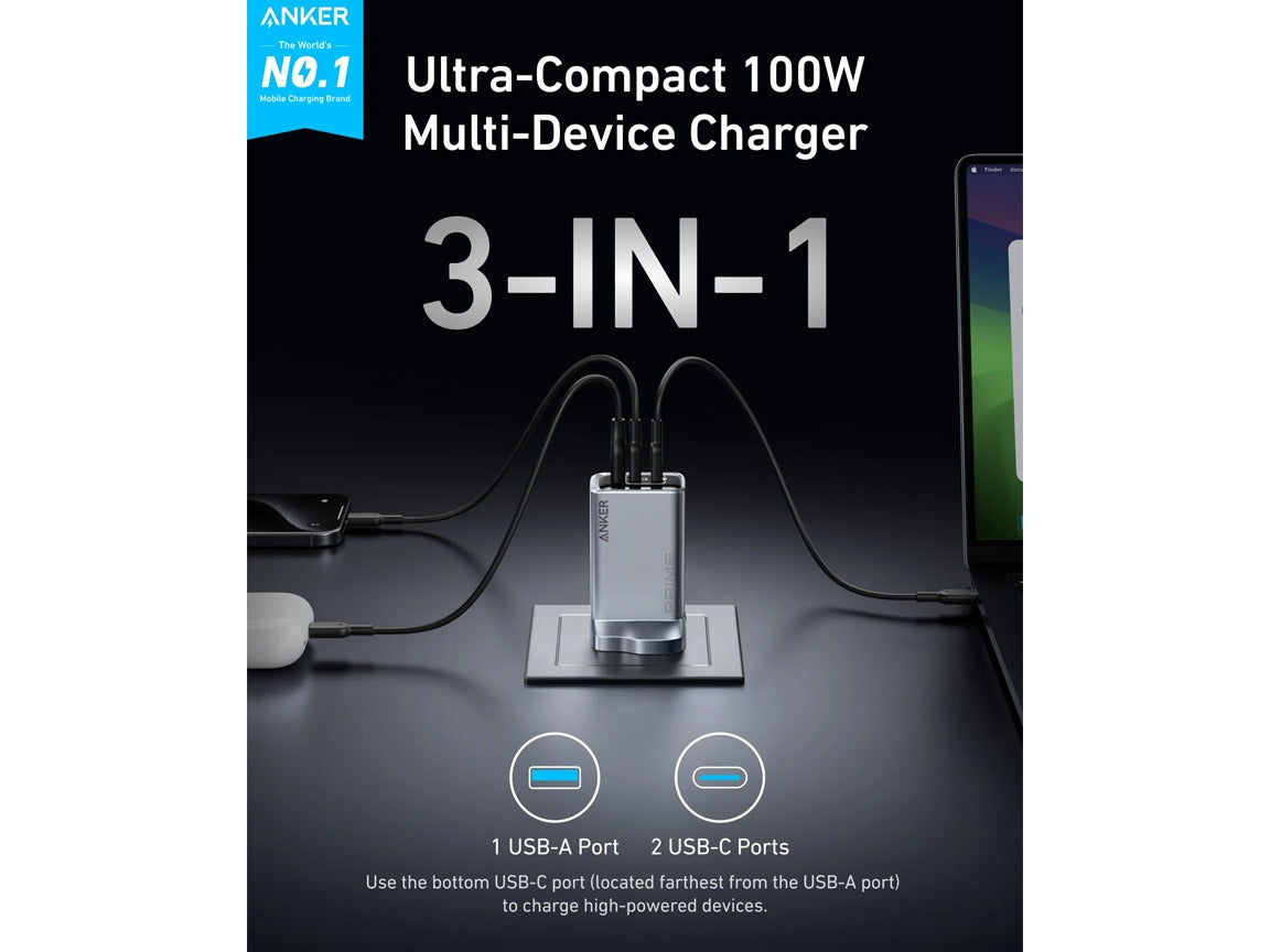 Anker 100W USB-C/USB-A 3-Port GaN Prime Wall Charger - Grey - A2688241