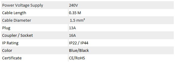 Rhino Power 35cm Fly Lead 1.5sq 240V Plug to 16A Socket