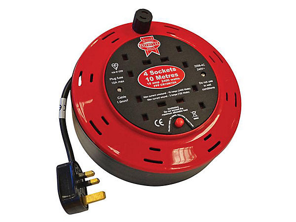 Faithfull Power Plus 10m Cable Reel with 4 Sockets - 240V 10A Compact Design XMS25CR10M
