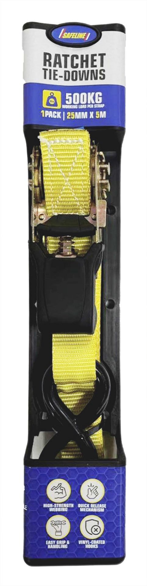 SAFELINE 25mm X 3M x 500kg RATCHET STRAP 1 PACK