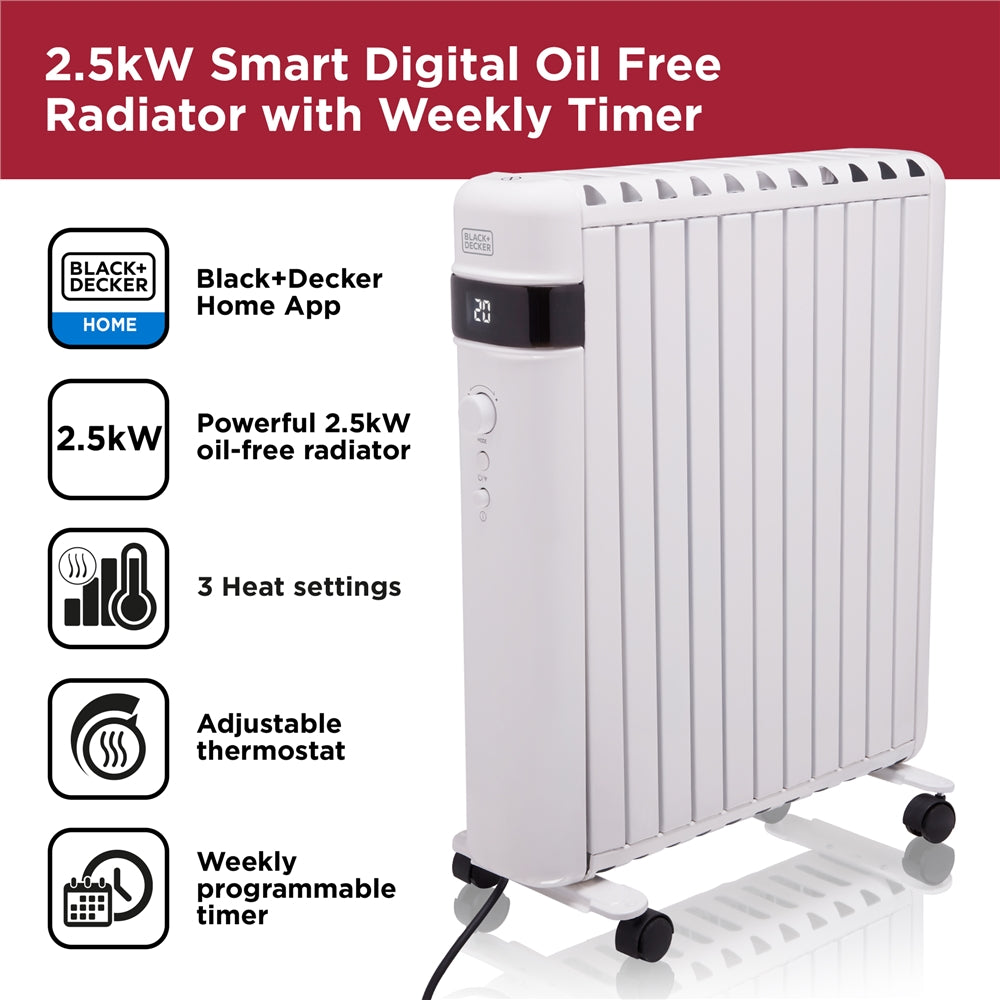Black + Decker 2.5KW Digital Oil Free Radiator 24 Hour Weekly Timer