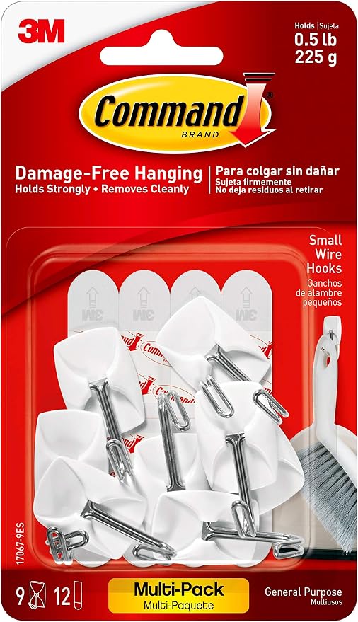 Command Small Wire, White, Value Pack of 9 Hooks and 12 Adhesive Strips