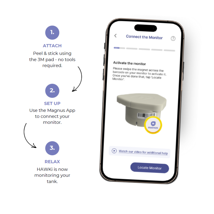 Magnus HAWKi Smart Oil Tank Monitor – Wireless, Drill-Free Radar Level Sensor for Plastic and Metal Tanks