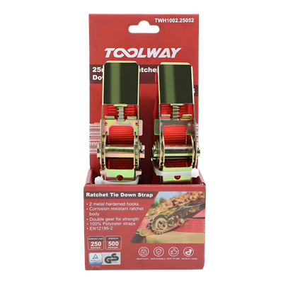 Toolway 5m x 25mm Ratchet Tie Down 500kg BS (Display Pack 2pc)