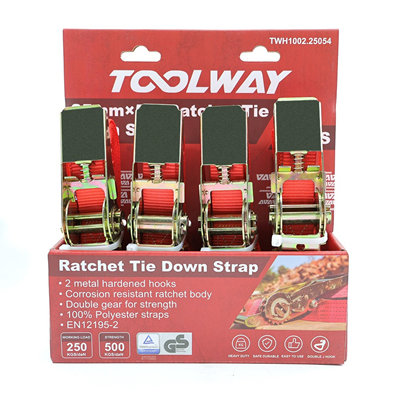 Toolway 5m x 25mm Ratchet Tie Down 500kg BS (Display Pack 4pc)