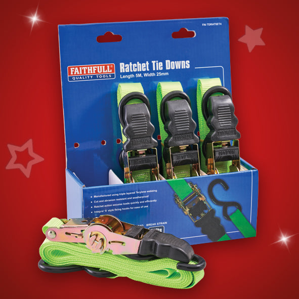 FAITHFULL 4 Piece Ratchet Tie Down Set, 25mm x 5m XMS24RATCHET