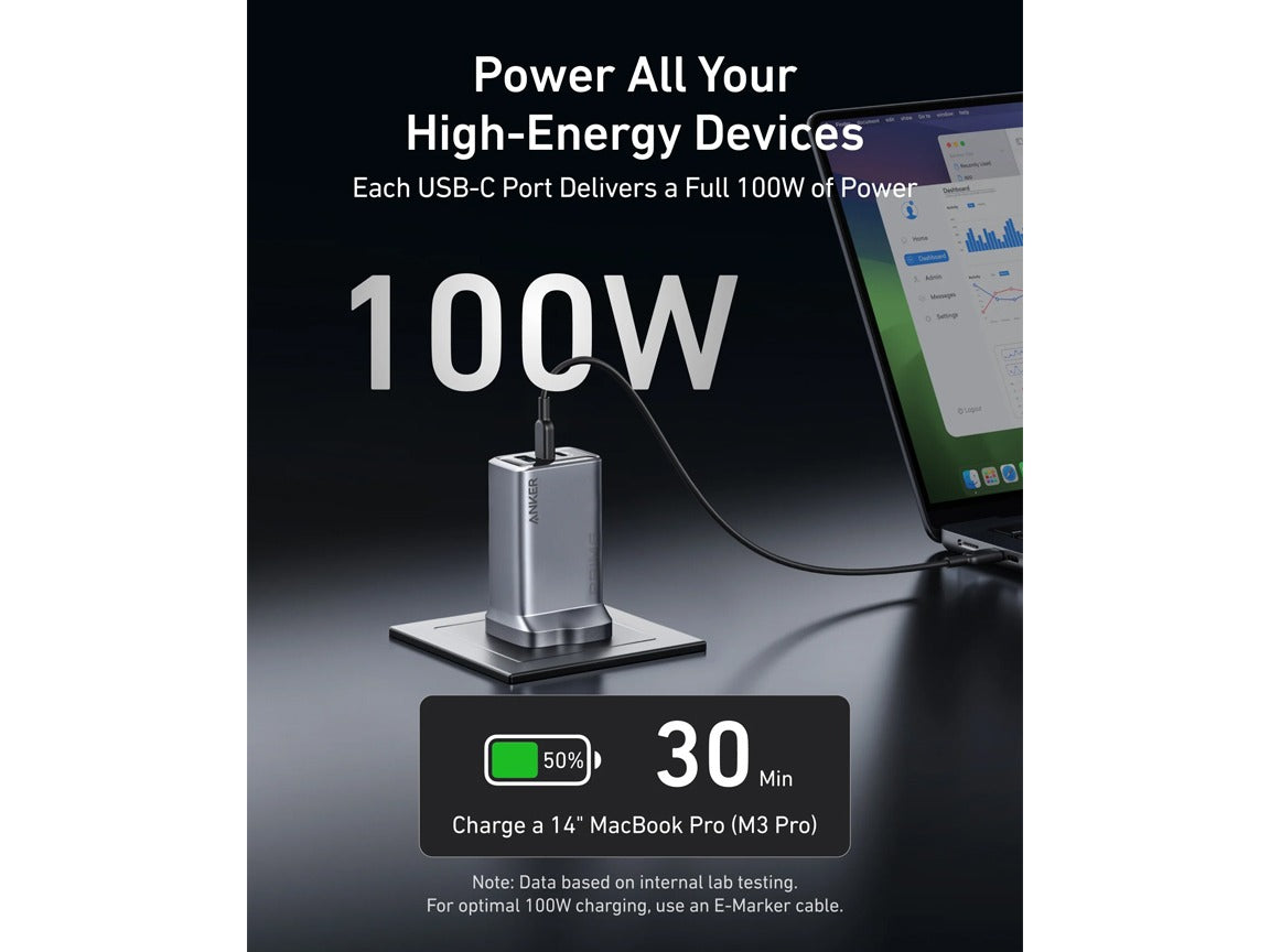 Anker 100W USB-C/USB-A 3-Port GaN Prime Wall Charger - Grey - A2688241