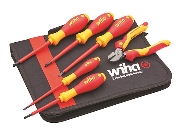Wiha VDE Electricians Pz Flat Screwdriver + Side Cutter Plier Set in Soft Case XMS25VDESET